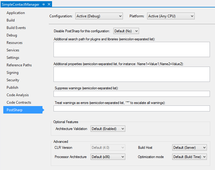 The PostSharp property page in the Visual Studio project properties dialog.