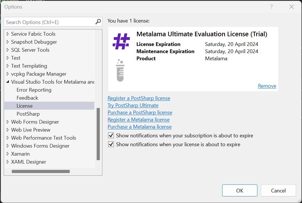 License Options in the Metalama+PostSharp VSX